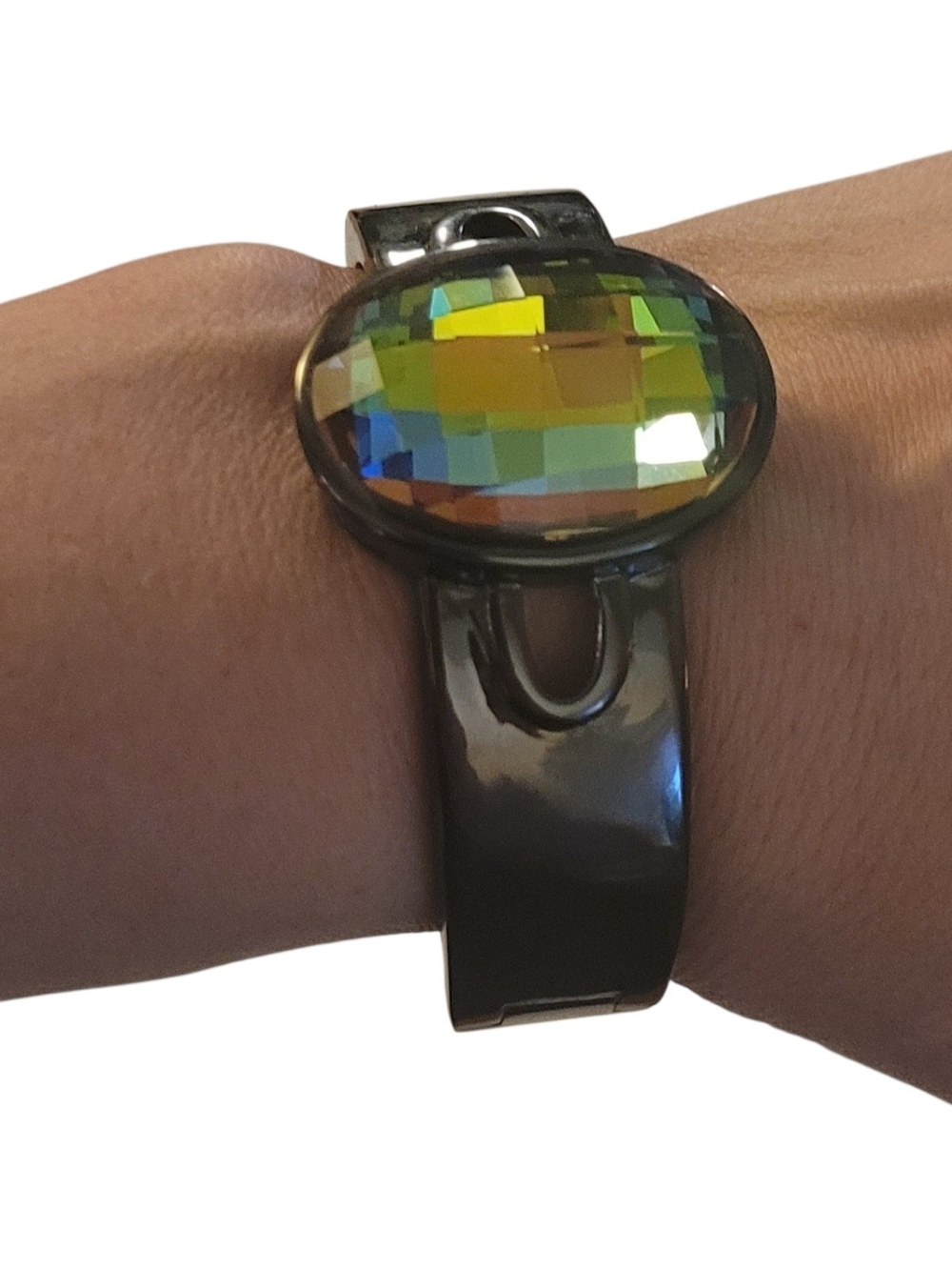 STUNNING Aurora Borealis Swarovski Crystal Gunmetal Cuff Bracelet